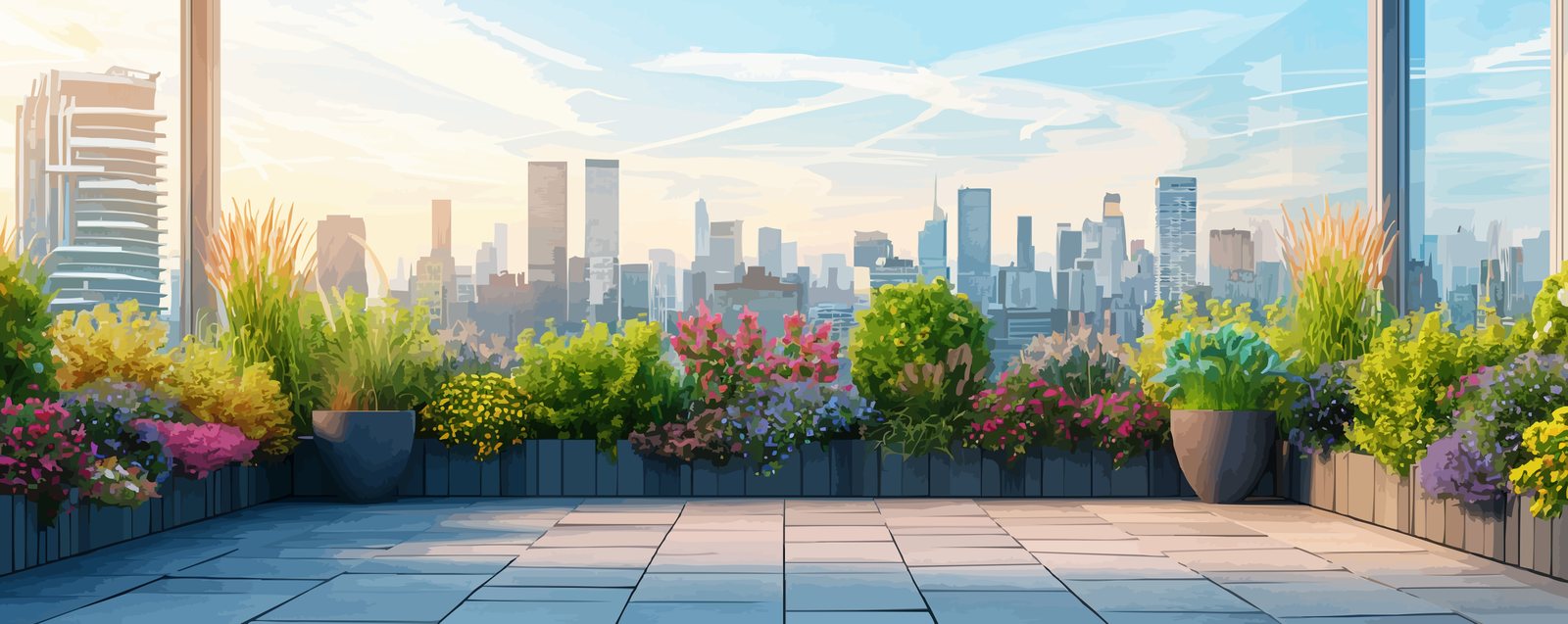 Illustrated rooftop garden overlooking a city skyline at sunrise